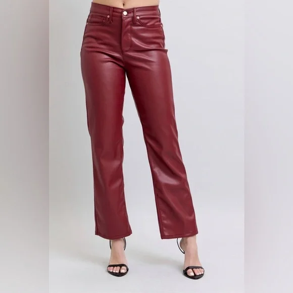 Judy Blue Full Size High Waist Tummy Control Faux Leather Straight Pants